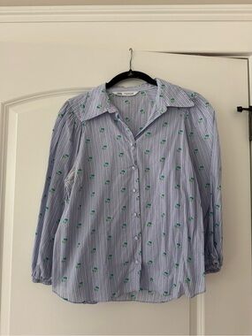 Zara Blue Striped Button-Up Blouse with Green Floral Print. Size medium